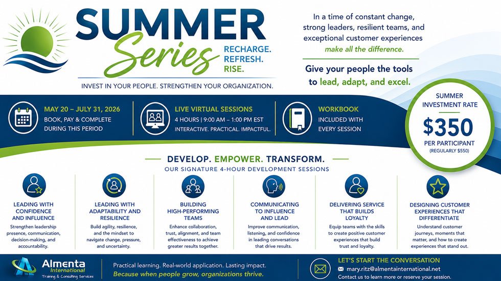 Almenta Summer Series 2026 program overview: six signature four-hour development sessions, live virtual, workbook included
