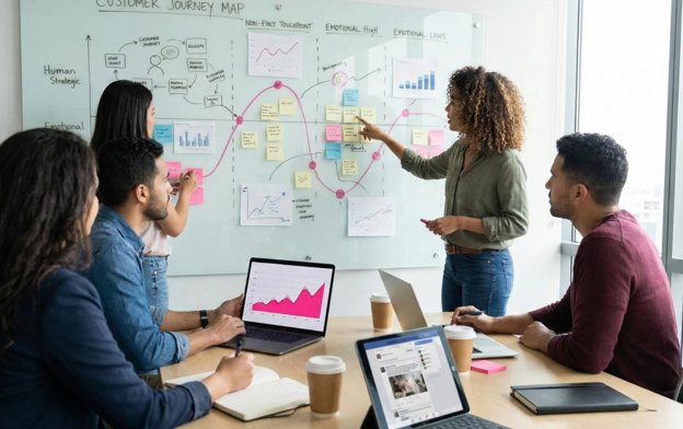 Colleagues reviewing a customer journey map together during a working session