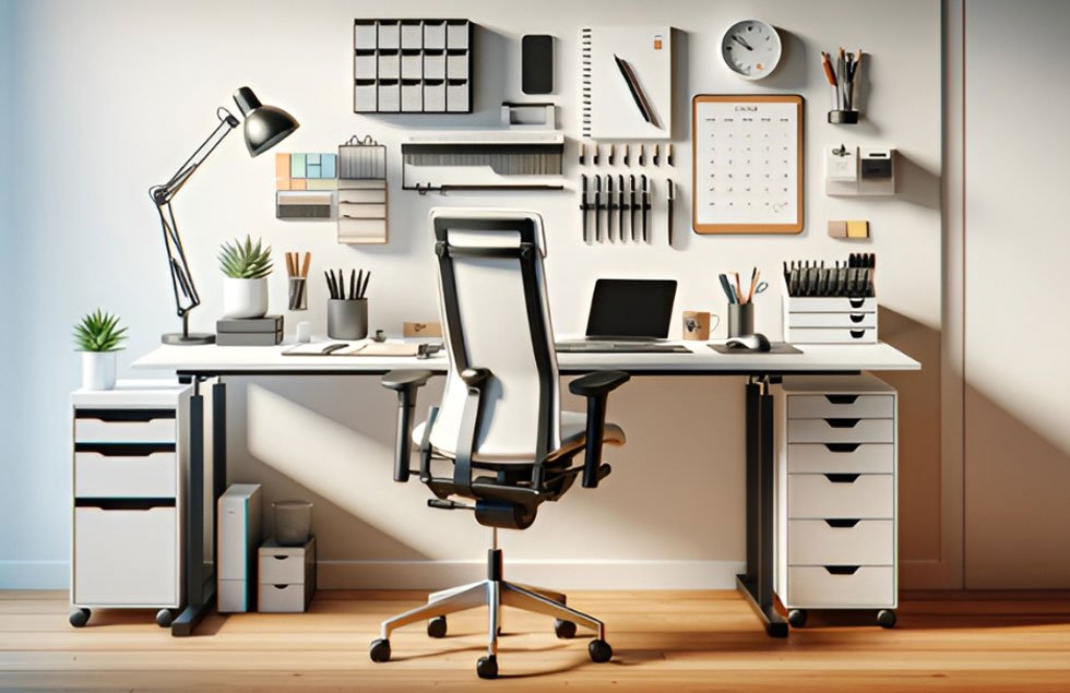 A tidy, well-organized office workstation where every item has a purpose and a place